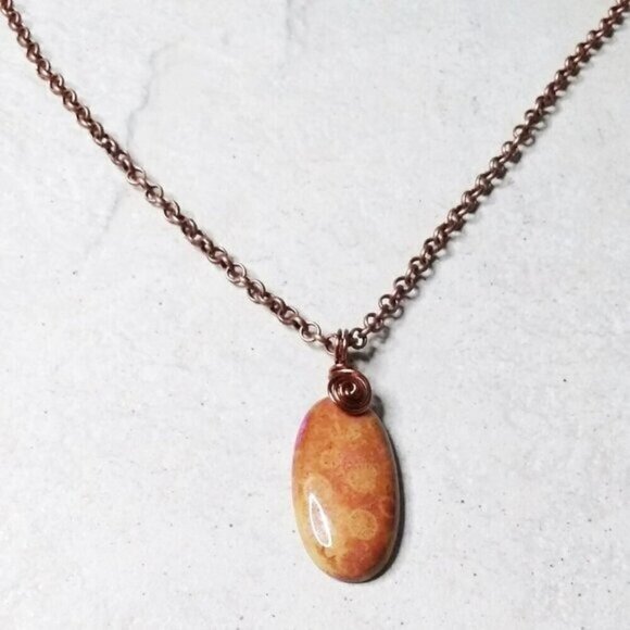 Wire Wrapped!!! Mango + Tangerine Hues! Chrysanthemum Fossil Pendant + 20" Chain - Picture 2 of 8